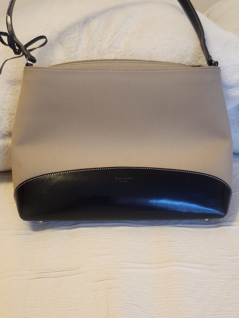 kate spade Taupe and Black Leather-Trim Shoulder Bag
